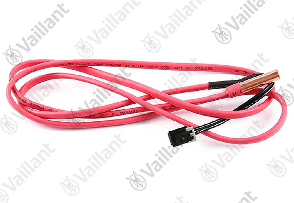 Vaillant Sensor mit roten und schwarzen Kabeln, die für Luftkonditionierungssysteme verwendet werden. Kabel deutlich sichtbar, ohne spezifische Maße oder Artikelnummern.
